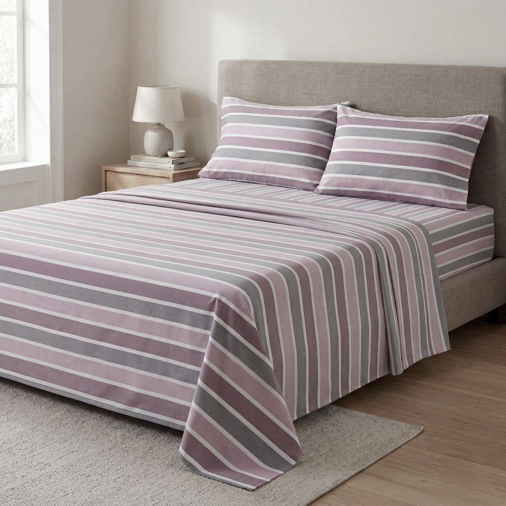 Completo Lenzuola Long riga rosa matrimoniale