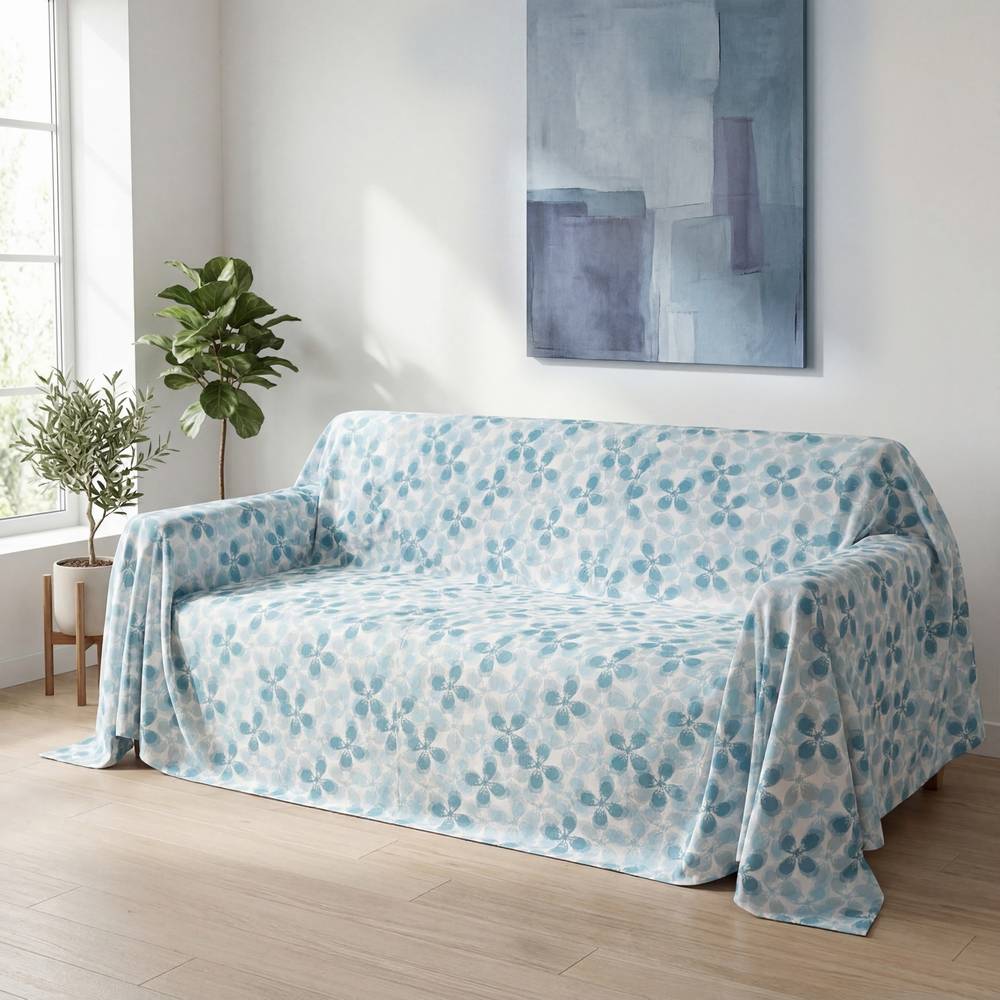 Copridivano copritutto cotone leggero Bliss fiori azzurro 170 x 295