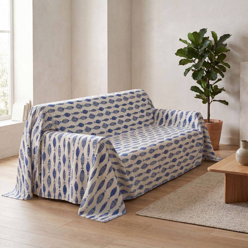 Copridivano copritutto cotone leggero Merida pesci blu 260 x 295