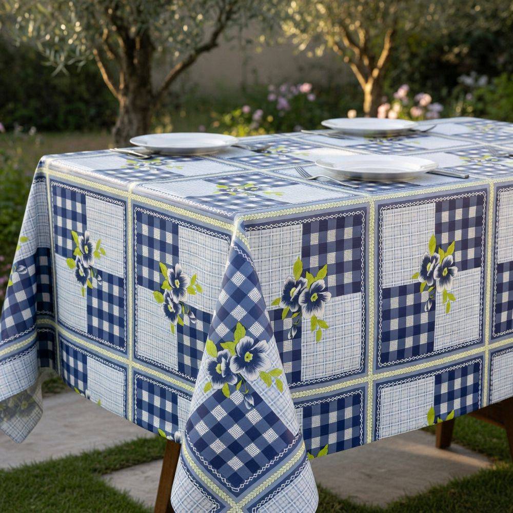 Tovaglia Idrorepellente quadretti e fiore blu in PVC a metro
