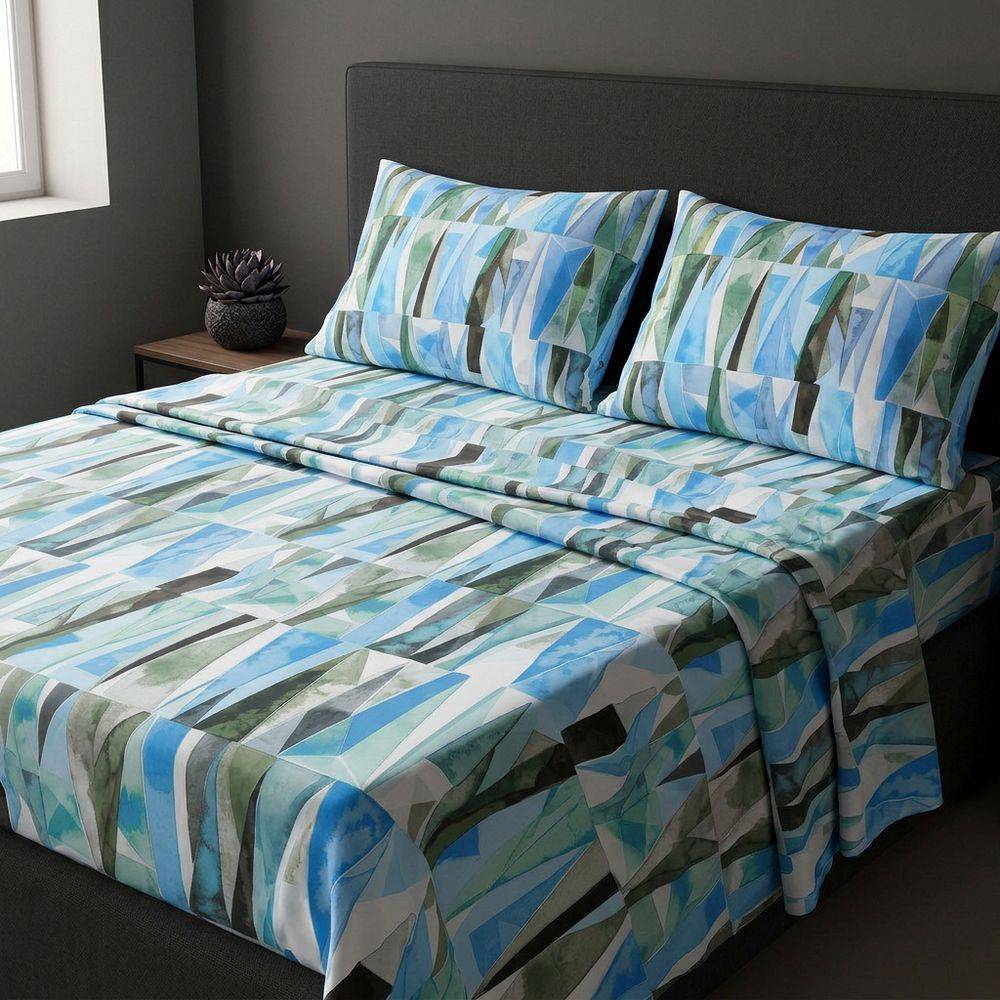 Completo Lenzuola Style Geometria Acquerello Azzurro Matrimoniale