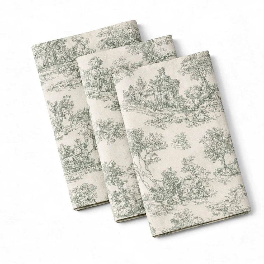 Tovagliolo su misura Toile de Jouy Salvia fondo Panna
