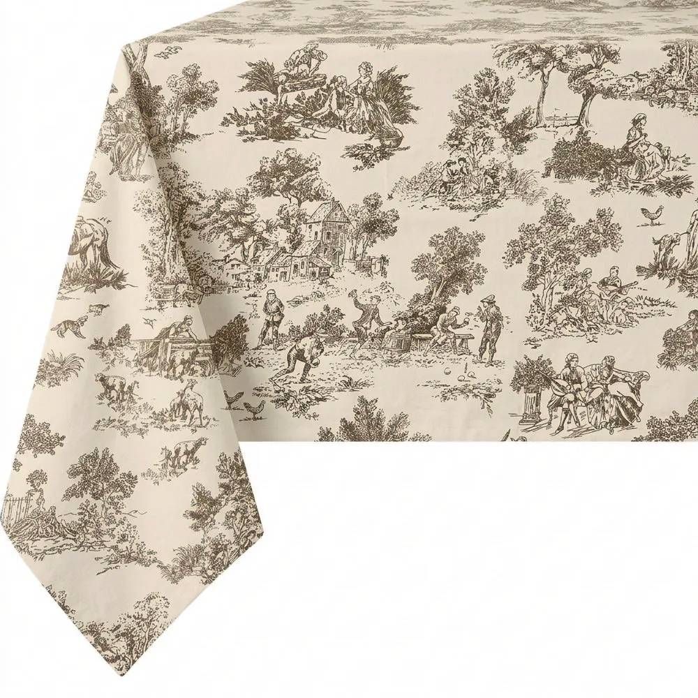 Tovaglia su misura Toile de Jouy Tortora fondo Panna