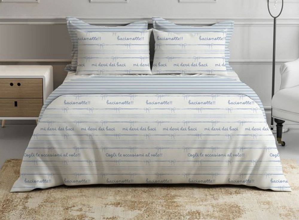  Parure Copripiumino cotone Percalle Fiocco azzurro Matrimoniale