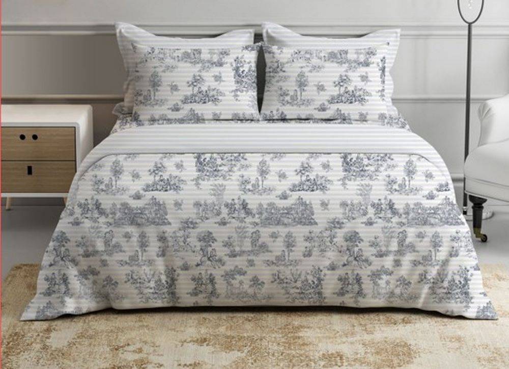  Parure Copripiumino cotone Percalle Toile de jouy blu Matrimoniale