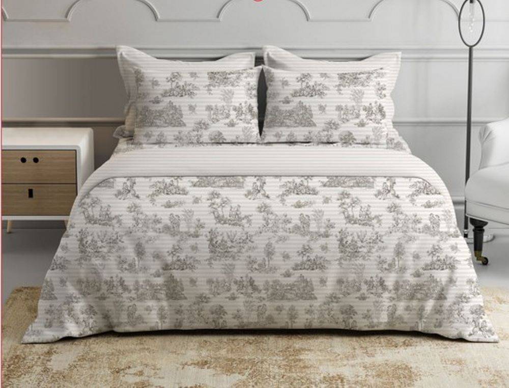  Parure Copripiumino cotone Percalle Toile de jouy tortora Matrimoniale