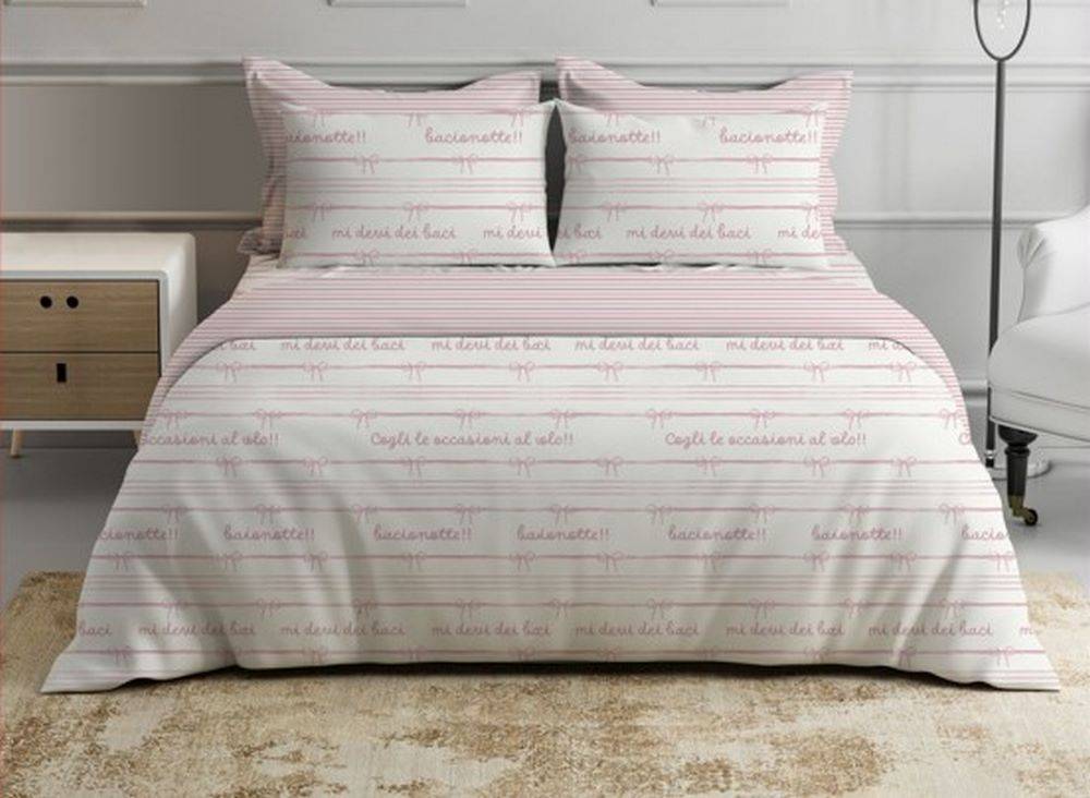 Parure Copripiumino cotone Percalle Fiocco rosa Matrimoniale
