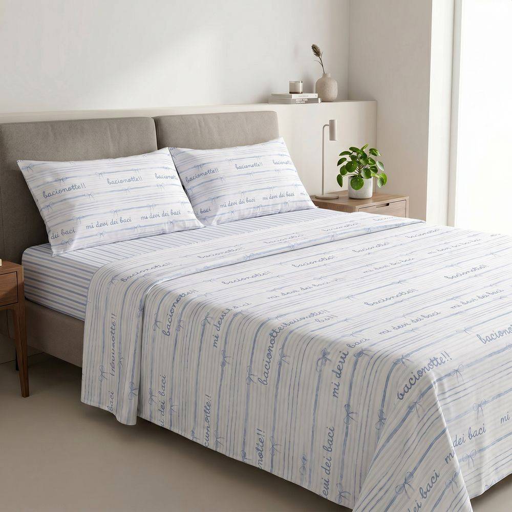 Completo Lenzuola Percalle Fiocco azzurro Matrimoniale