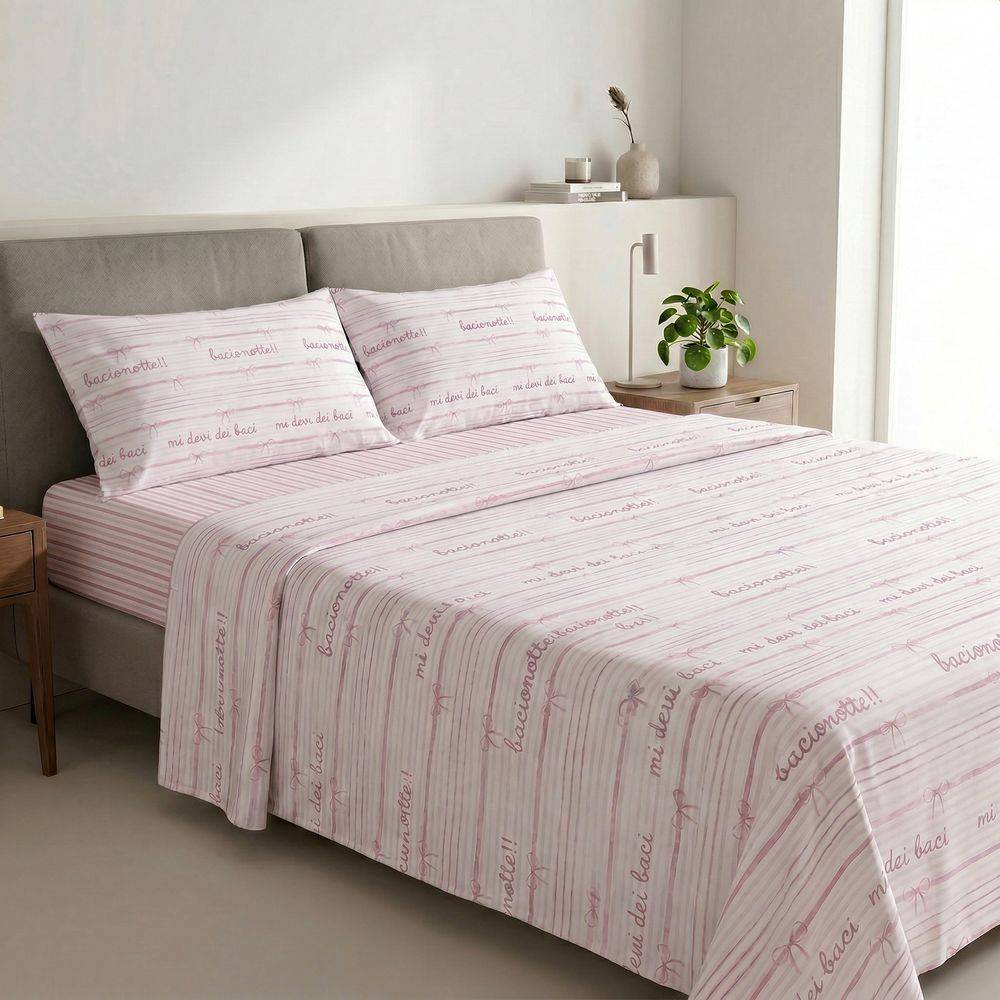 Completo Lenzuola Percalle Fiocco Rosa Matrimoniale