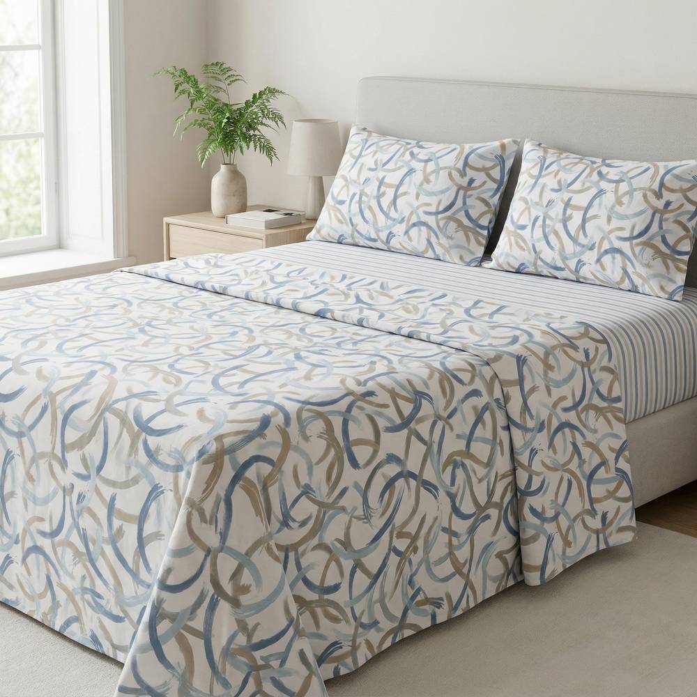 Completo Lenzuola Percalle Geometrico blu Matrimoniale