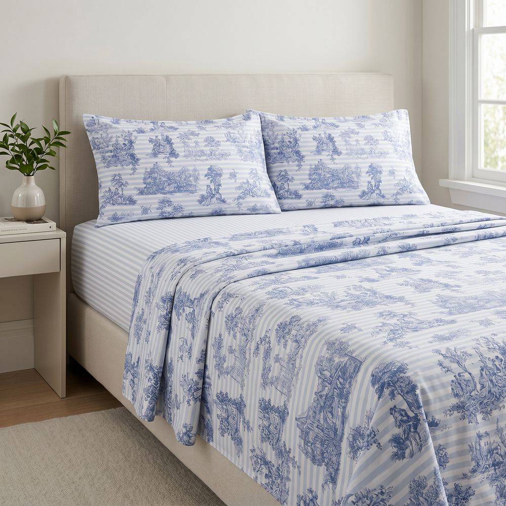 Completo Lenzuola Percalle Toile de jouy blu Matrimoniale