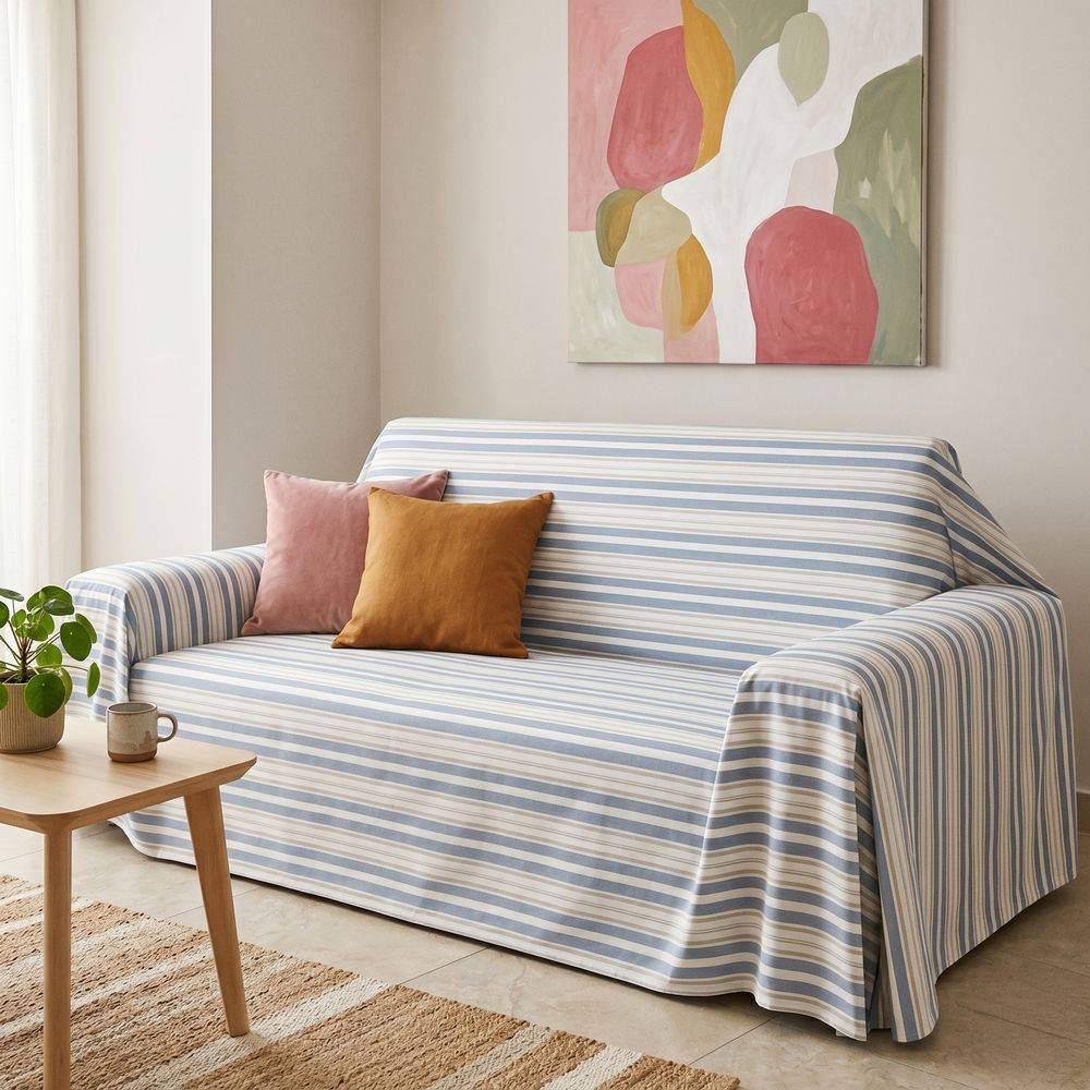 Copridivano Copriletto in piquet Righe Cannes Blu Singolo