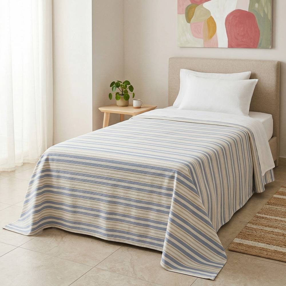 Copridivano Copriletto in piquet Righe Cannes Blu Singolo