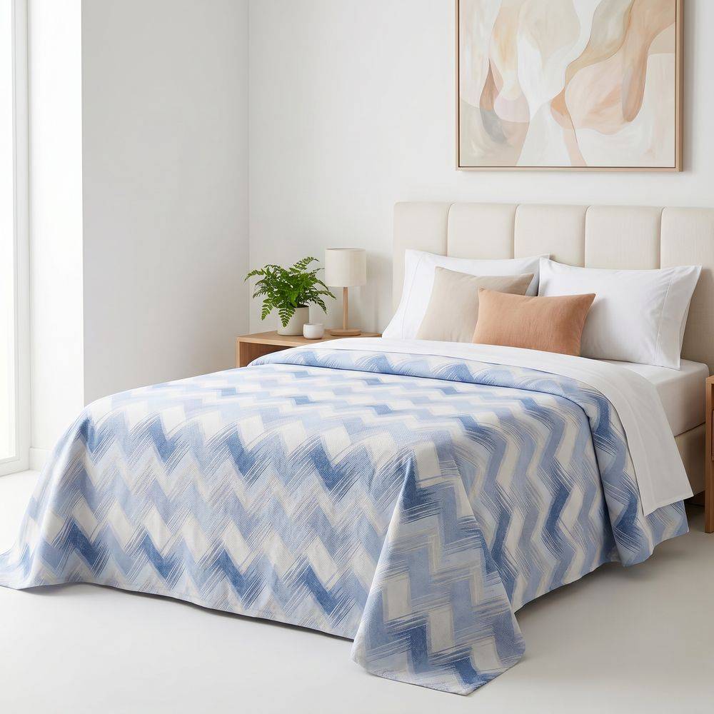 Copridivano Copriletto in piquet Zig Zag Moderno Blu Matrimoniale