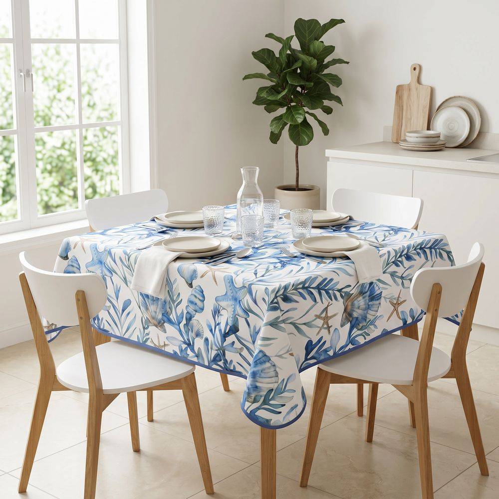 Tovaglia Antimacchia Hydro Sea Disegno 4 Alghe Conchiglie Blu Tortora 140 x 140