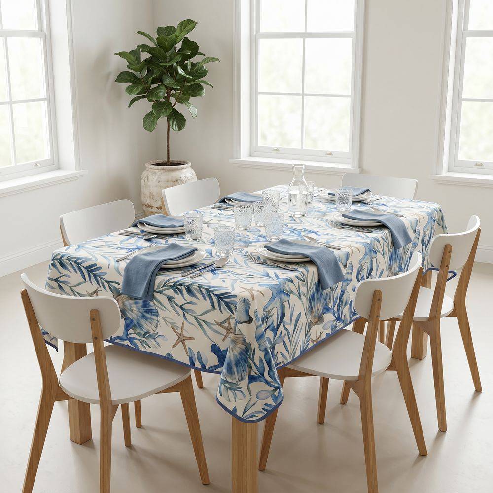 Tovaglia Antimacchia Hydro Sea Disegno 4 Alghe Conchiglie Blu Tortora 140 x 180