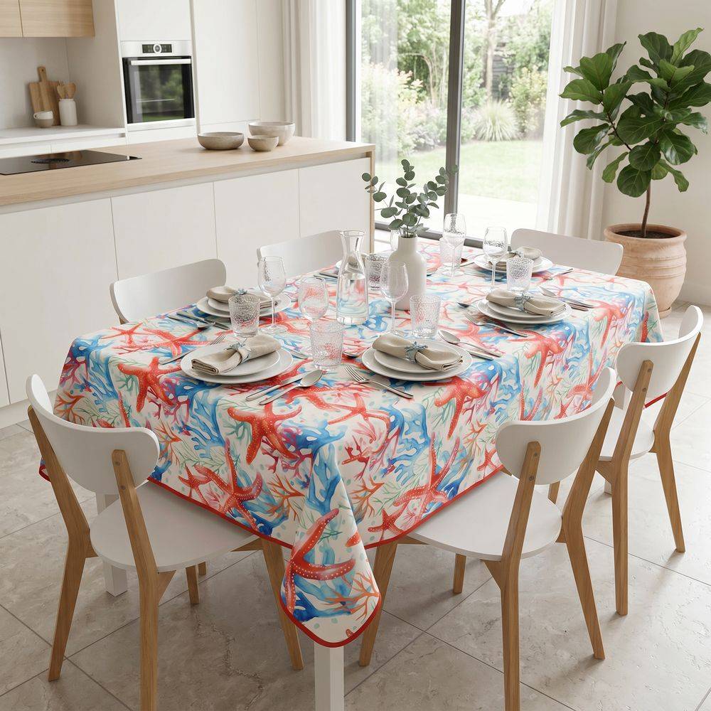 Tovaglia Antimacchia Hydro Mare Disegno 4 Stelle Marine Rosse e Coralli Blu 140 x 180