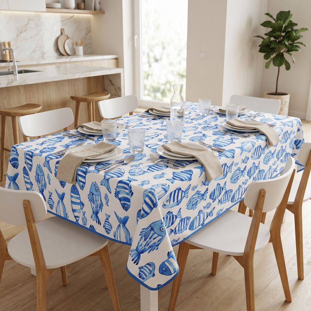 Tovaglia Antimacchia Hydro Mare Disegno 3 Pesci Blu 140 x 180