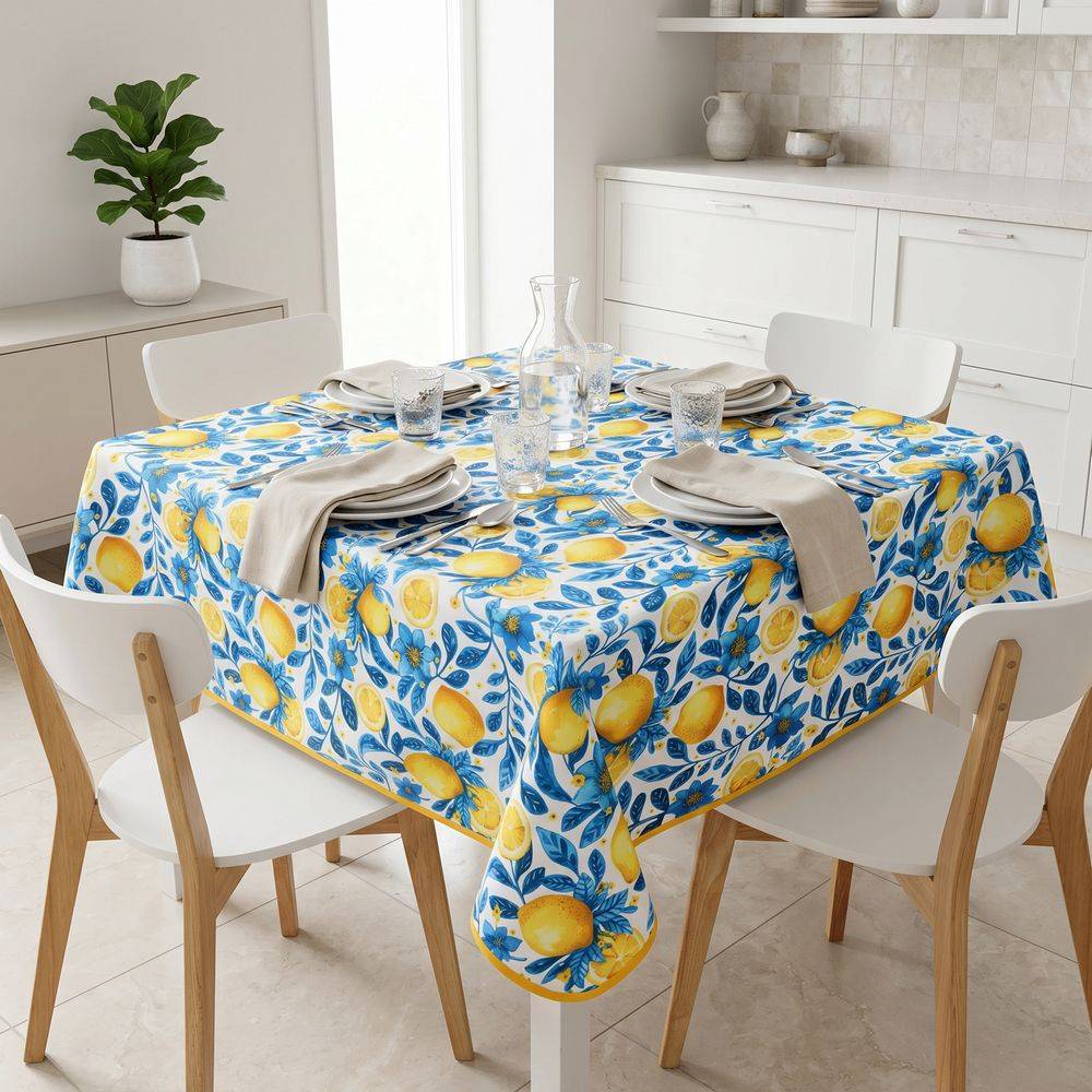 Tovaglia Antimacchia Hydro Frutta Disegno 1 Limoni e fiori blu 140 x 140