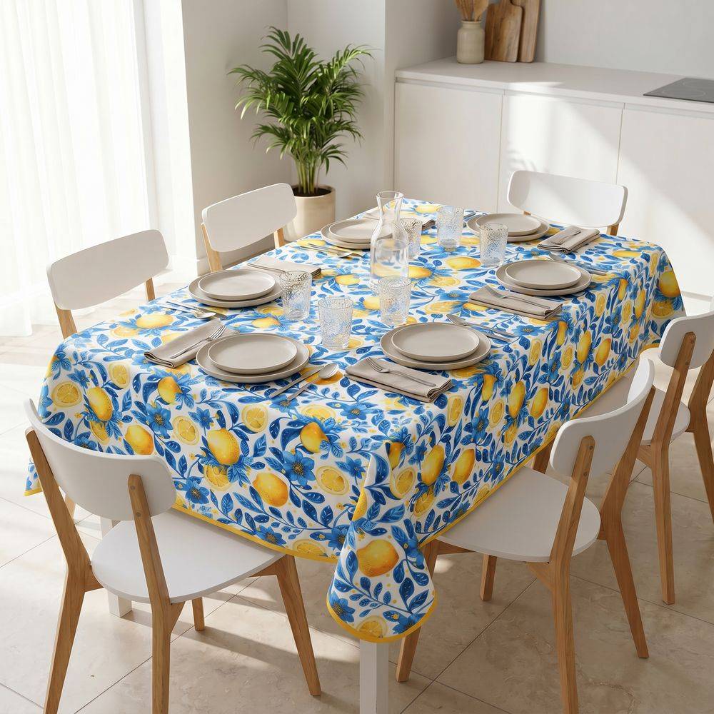 Tovaglia Antimacchia Hydro Frutta Disegno 1 Limoni e fiori blu 140 x 180