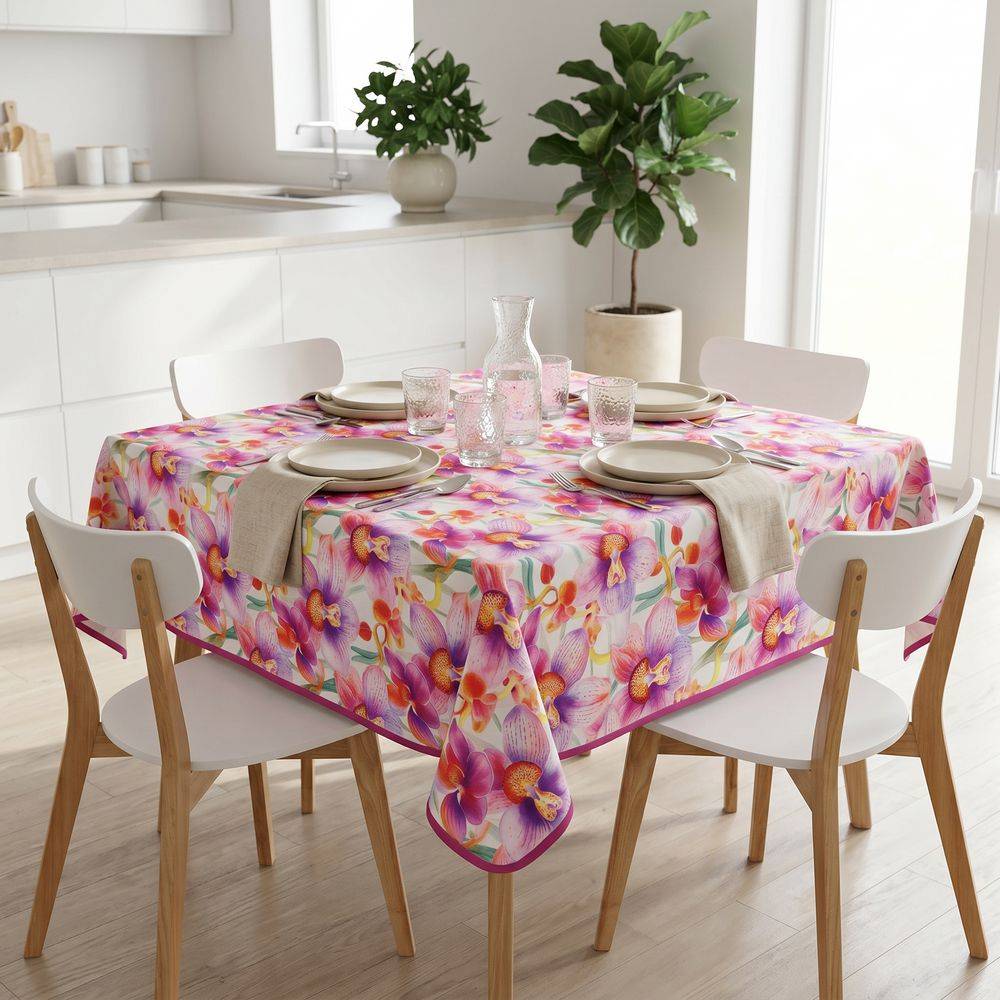 Tovaglia Antimacchia Hydro Flowers Disegno 3 Orchidee gialle rosa 140 x 140