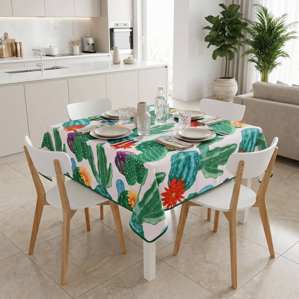 Tovaglia Antimacchia Hydro Cactus Disegno 4 Cactus su fondo beige con fiori gialli e rossi 140 x 140