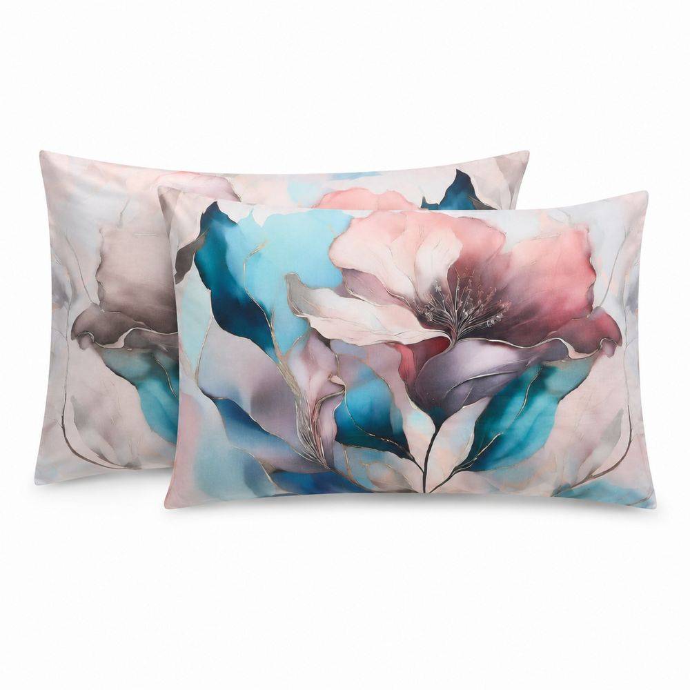 Coppia Federe Decoration Disegno 10 Fiori Rosa Azzurro