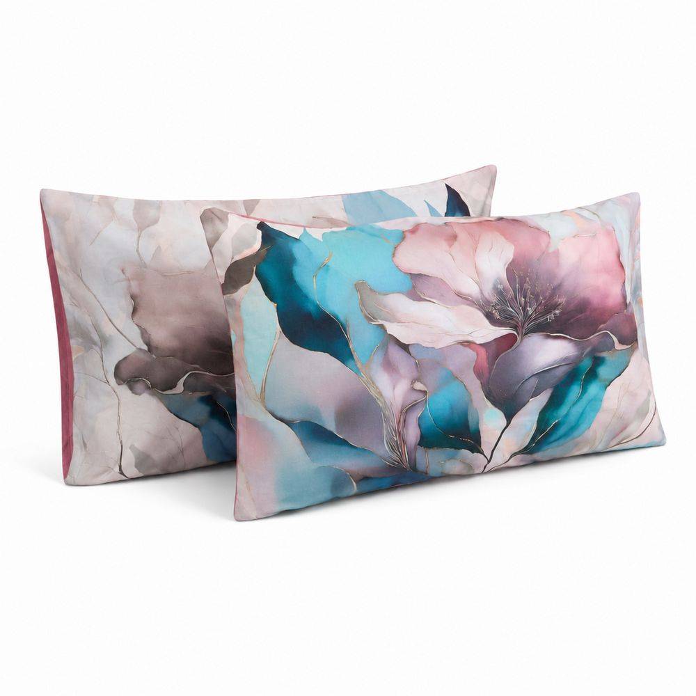 Coppia Federe Decoration Disegno 10 Fiori Rosa Azzurro