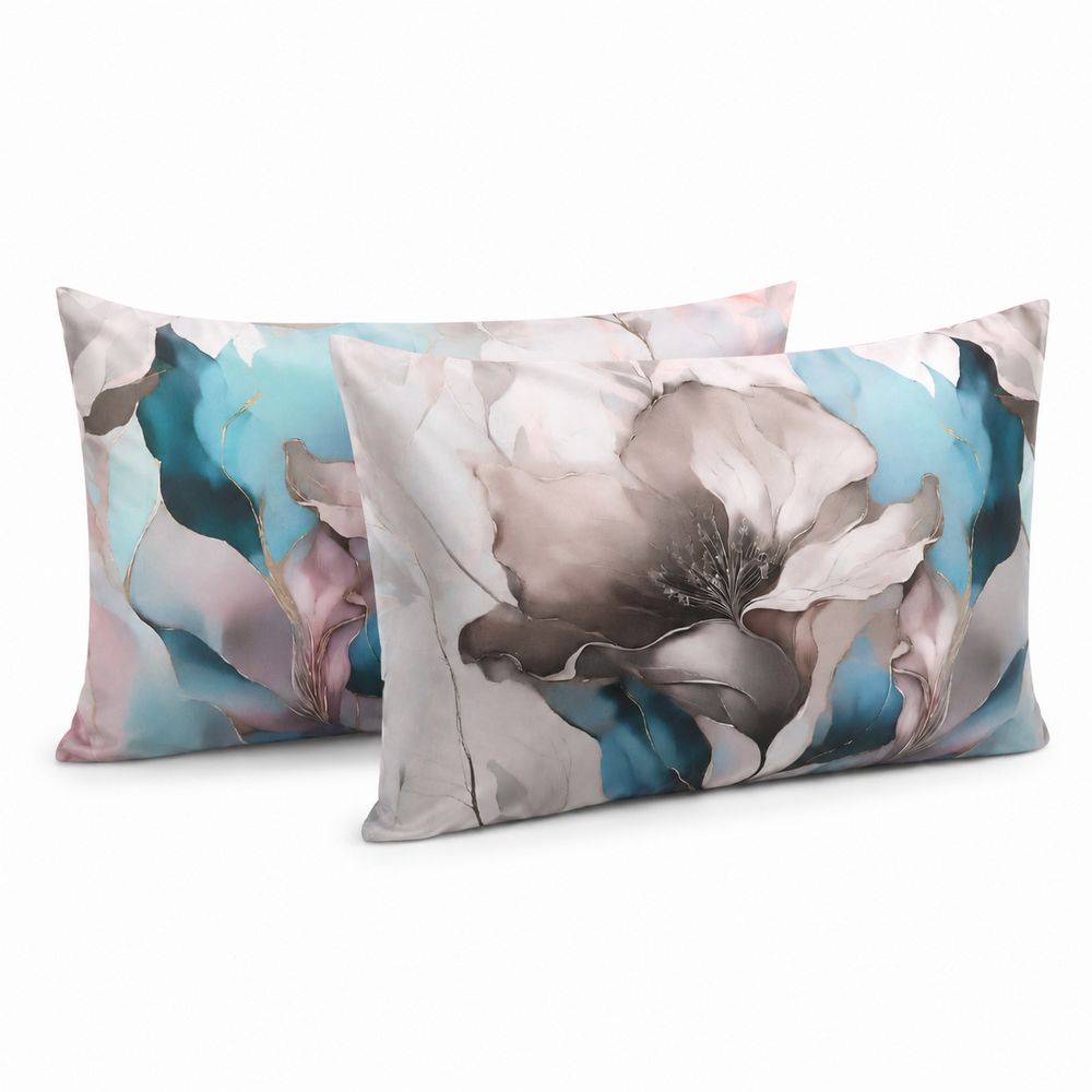 Coppia Federe Decoration Disegno 10 Fiori Rosa Azzurro