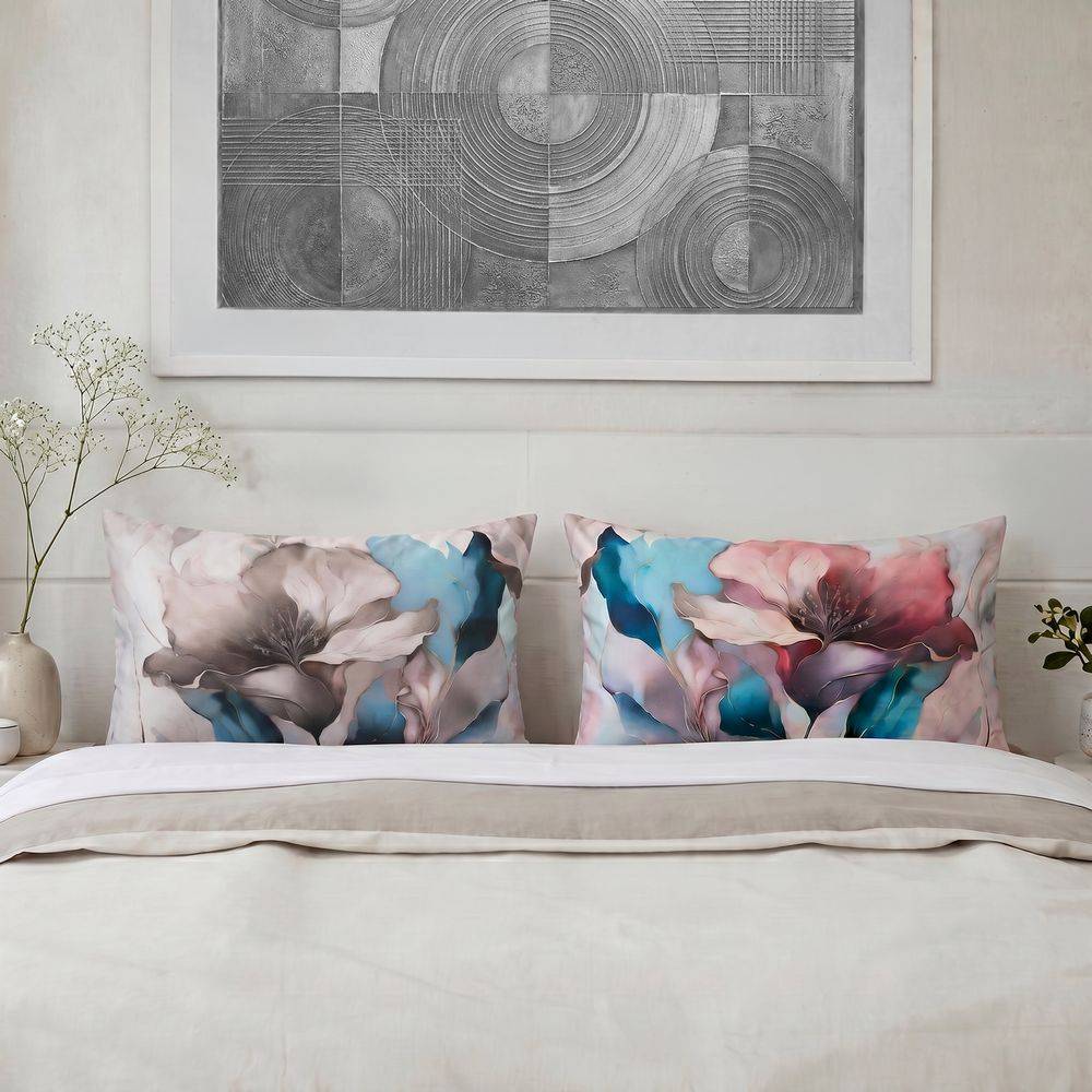 Coppia Federe Decoration Disegno 10 Fiori Rosa Azzurro