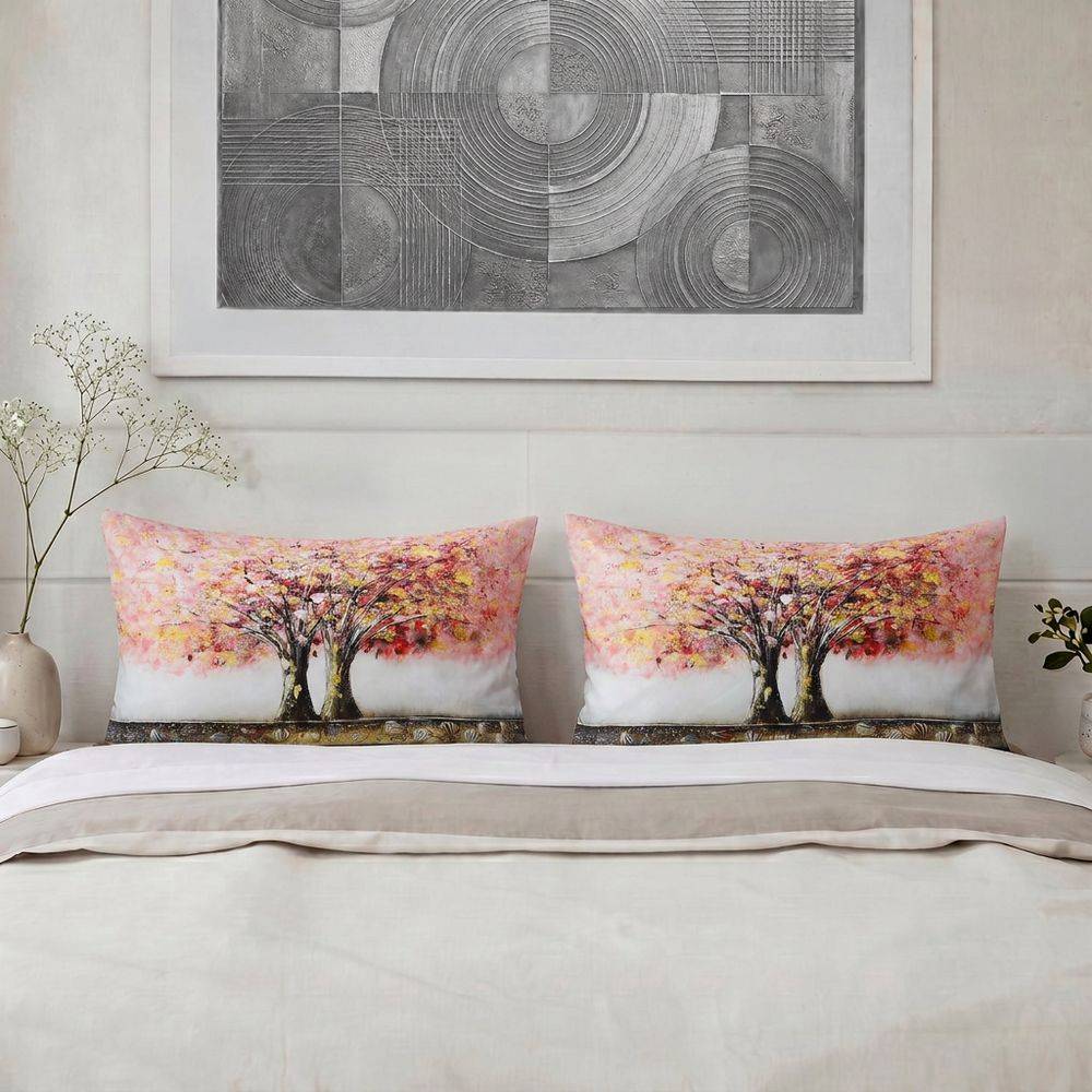 Coppia Federe Decoration Disegno 12 Alberi Fiori Rosa