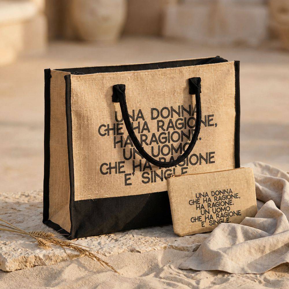 Set Borsa + Pochette di Juta Michy Donna Ragione Uomo Single