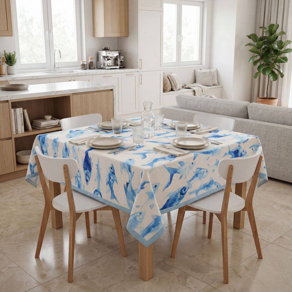 Tovaglia antimacchia Kiki Mare Pesci Azzurri Piccoli 140x140