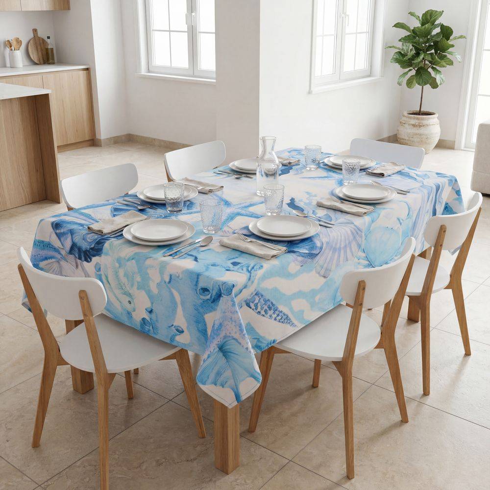 Tovaglia antimacchia Kiki Mare Stelle Conchiglie Alghe Azzurre 140x240