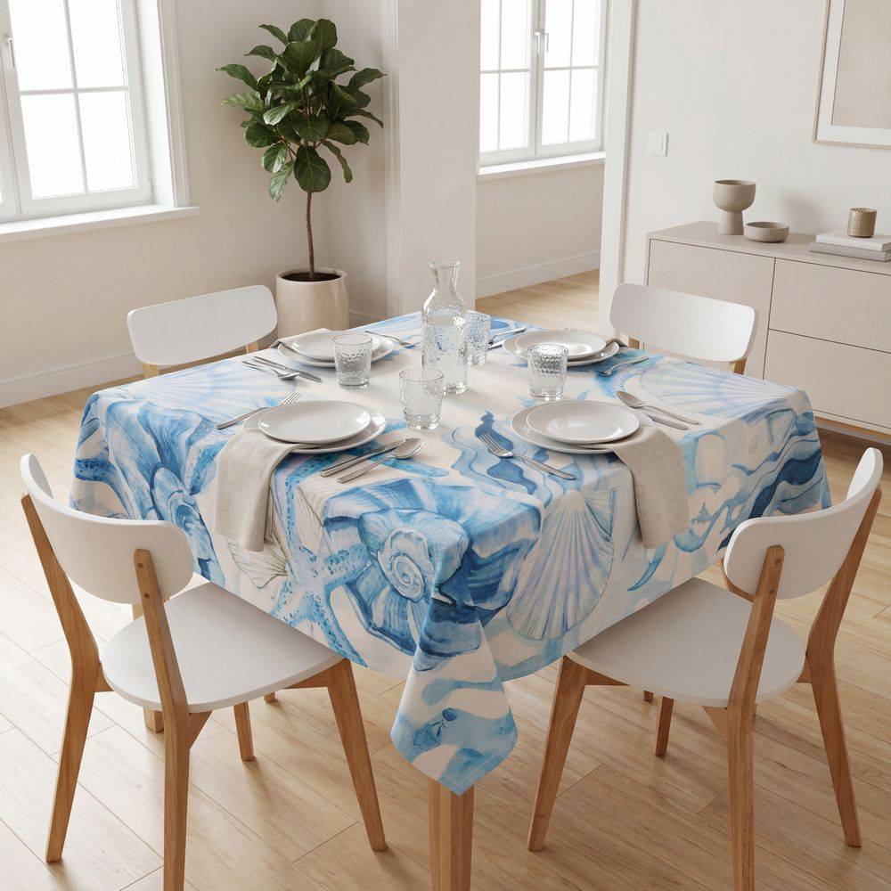 Tovaglia antimacchia Kiki Mare Stelle Conchiglie Alghe Azzurre 140x140