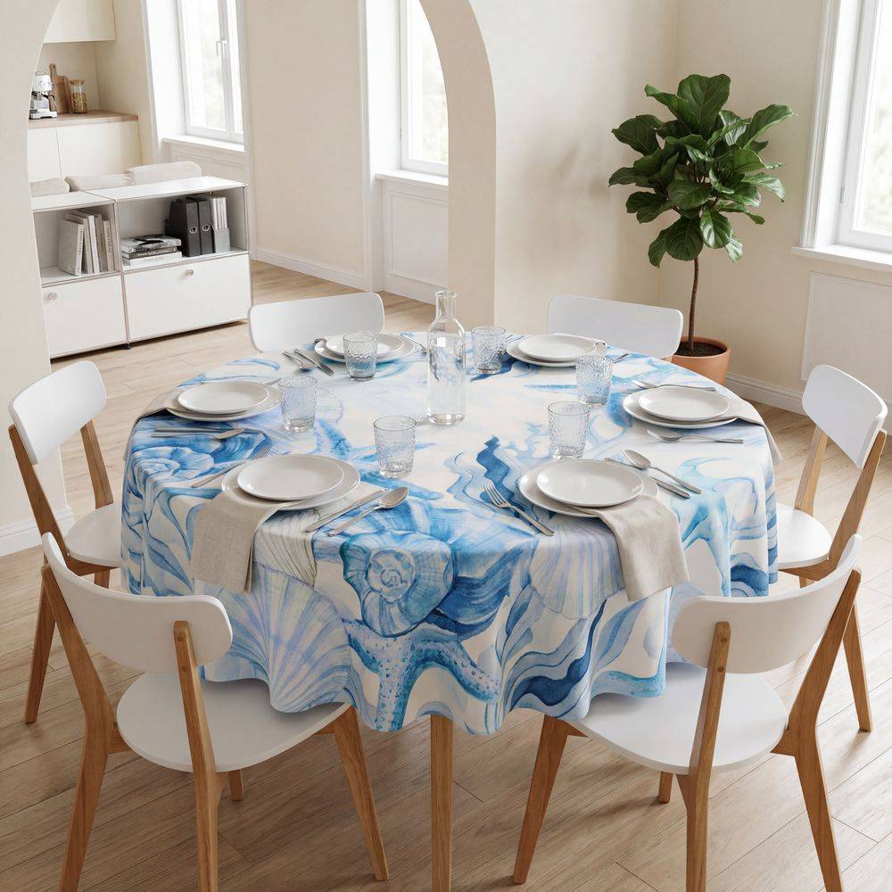 Tovaglia antimacchia Kiki Mare Stelle Conchiglie Alghe Azzurre rotonda 180