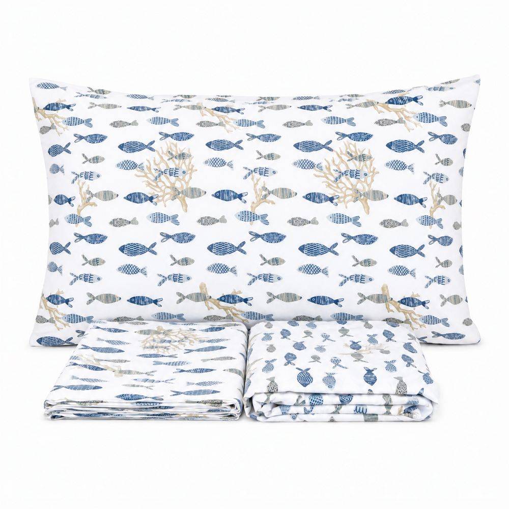 Completo Lenzuola Penelope Fish Corallo Tortora Matrimoniale DIS. 37