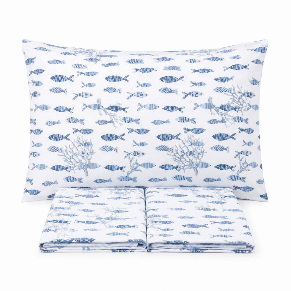 Completo Lenzuola Penelope Fish Corallo Blu Matrimoniale DIS. 37