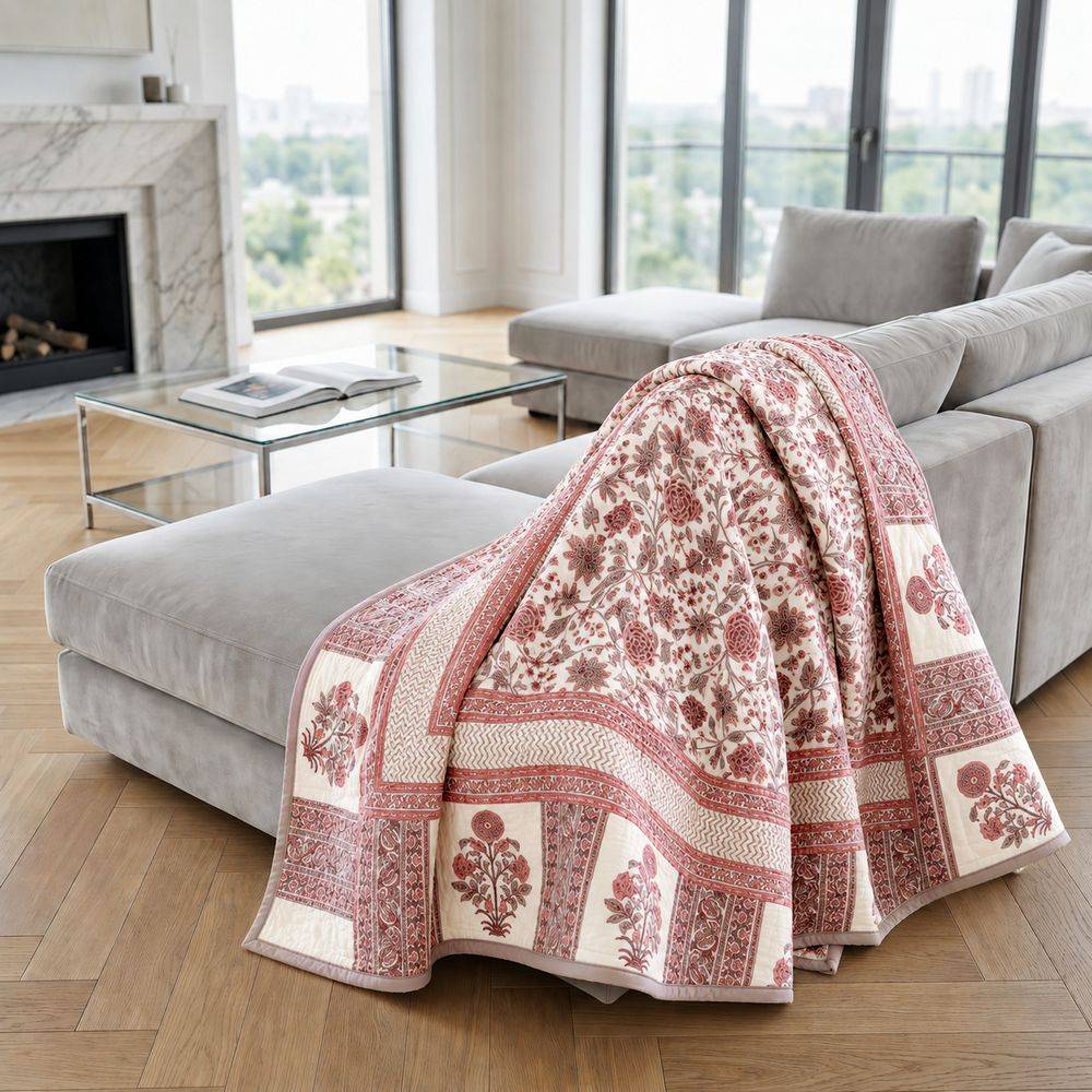 Plaid Imbottito double face stampato Jaipur Fiori Rosa Tortora 130x170