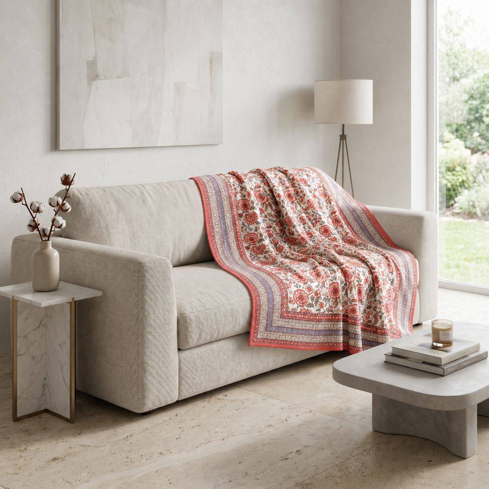 Plaid Imbottito double face stampato Jaipur Fiori Rossi Bluette 130x170