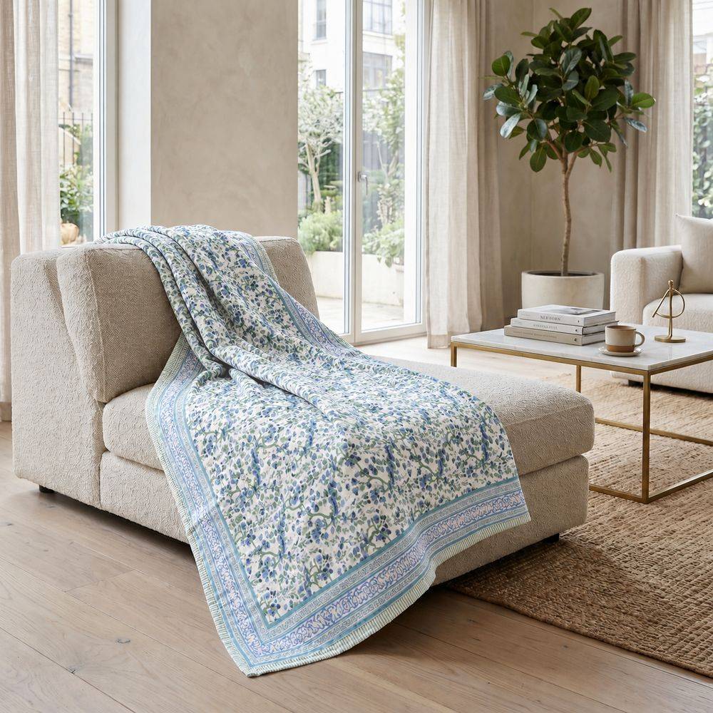 Plaid Imbottito double face stampato Jaipur Fiori Azzurri 130x170