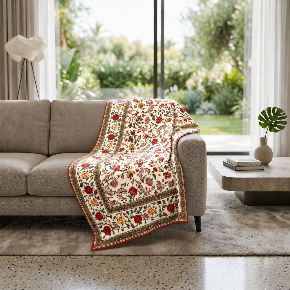 Plaid Imbottito double face stampato Jaipur Fiori Rossi Gialli 130x170