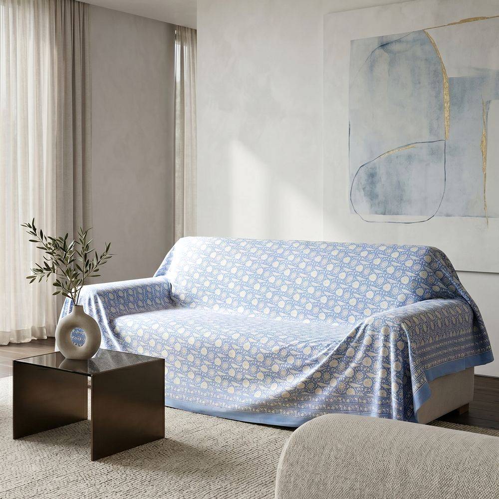 Telo copridivano copritutto Jaipur Fondo Azzurro Fiori Bianchi 270x260