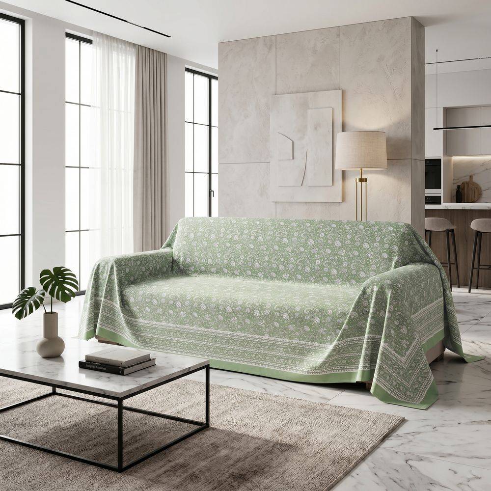 Telo copridivano copritutto Jaipur Fondo Verde Fiori Bianchi 270x260