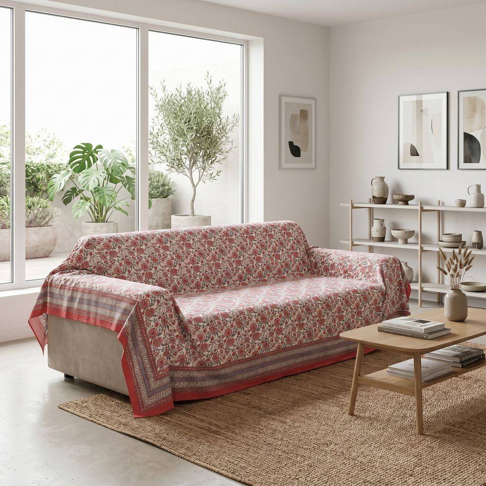 Telo copridivano copritutto Jaipur Fiori Rossi Bluette 170x260