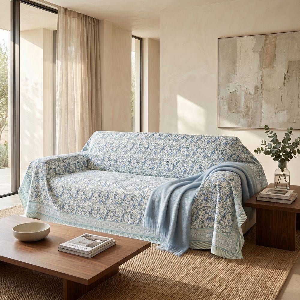 Telo copridivano copritutto Jaipur Fiori Azzurri 170x260