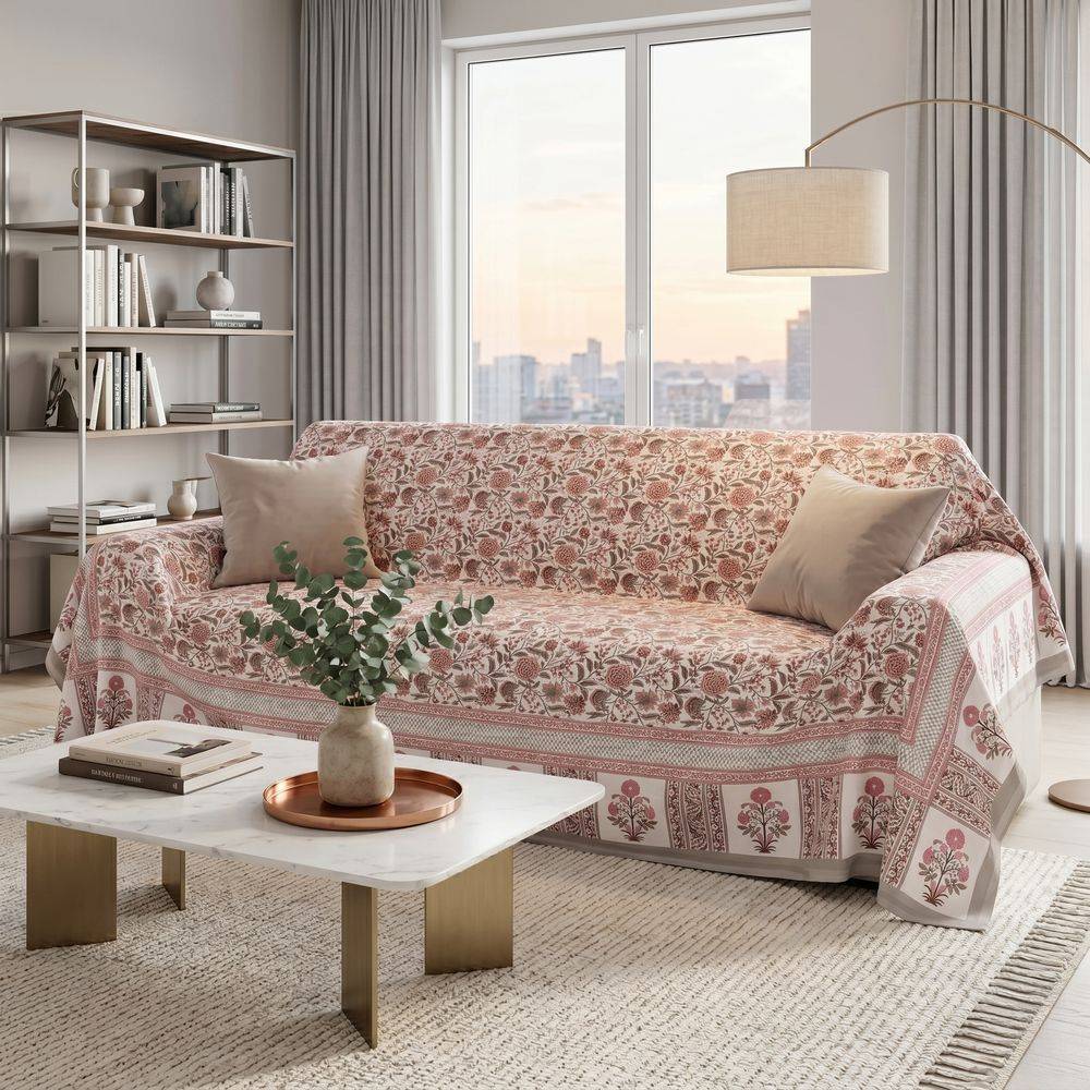 Telo copridivano copritutto Jaipur Fiori Rosa Tortora 170x260