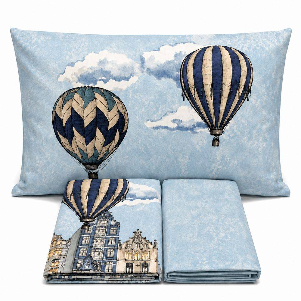 Completo Lenzuola Volare Mongolfiera Azzurra Matrimoniale