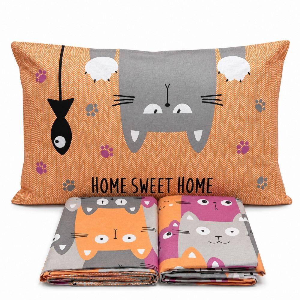Completo Lenzuola Gatti felici Arancio Matrimoniale