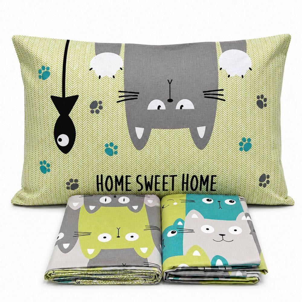 Completo Lenzuola Gatti felici Verde Matrimoniale